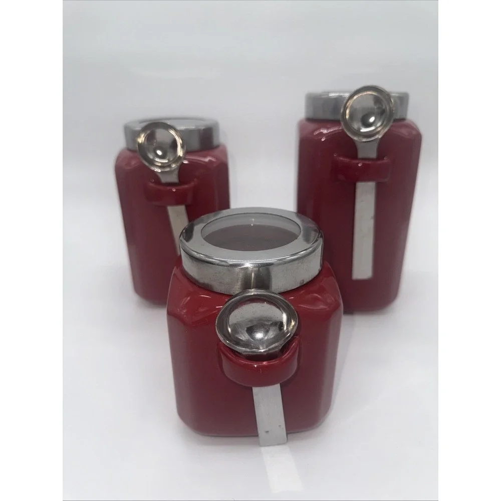 Set of 3 Red/Silver Mainstay Canisters With Spoons